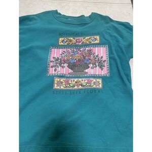 Vtg 90s Streetwear Womens S Distressed  Still Life Floral Teal Sweatshirt USA